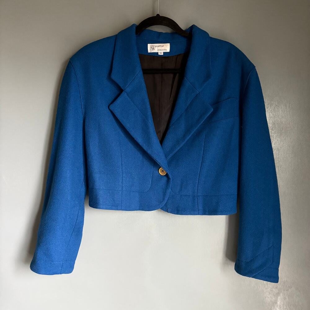Vintage JONATHAN STEVENS Women's Medium Blue Wool Cropped Jacket Retro Boho